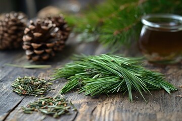 Fresh Pine Needles and Dried Pine Needles on Rustic Wood
