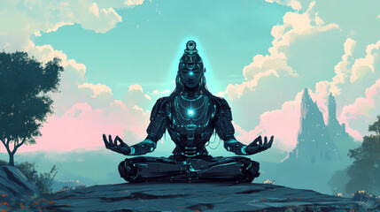 Lord shiva in a serene meditation. Robot Overlord. Illustration