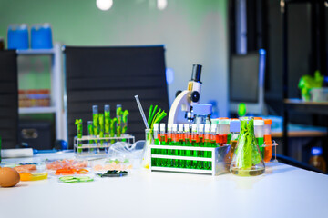 A detailed research concept in laboratory table setting, focused on food ingredients vegetables and meat. Test tubes, microscopes, lab equipment used to analyze nutritional extracts and vitamins.