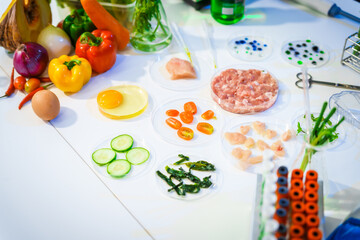 A detailed research concept in laboratory table setting, focused on food ingredients vegetables and meat. Test tubes, microscopes, lab equipment used to analyze nutritional extracts and vitamins.