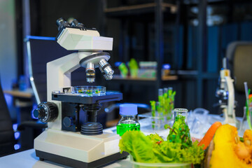 A detailed research concept in laboratory table setting, focused on food ingredients vegetables and meat. Test tubes, microscopes, lab equipment used to analyze nutritional extracts and vitamins.