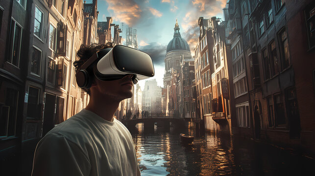 Man wearing vr goggles in antique city. metaverse technology virtual reality concept. dutch angle. virtual reality device, simulation, vr, generative ai. Virtual Reality World. Illustration