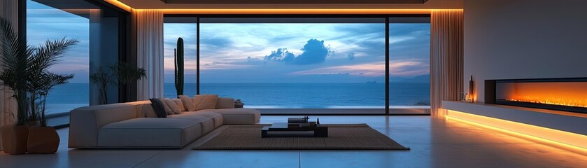 Fototapeta premium High-angle view of a minimalist living space adorned with futuristic technology, soft ambient lighting, clean lines, and earthy tones, showcasing serene simplicity