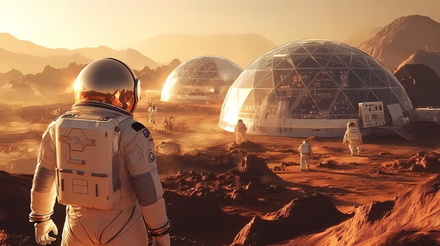 Martian colony life with astronauts and habitat domes. Martian Colony. Illustration