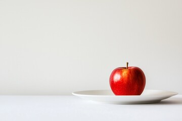 A red apple sits on a white plate against a white background