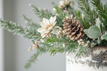 Close-up of a Frosted Pine Branch with a Pine Cone and White Flowers in a Rustic Vase