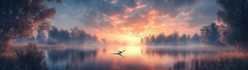 Long shot of a curious dragon gliding over an iridescent lake, dazzling reflections of an enchanted sky, magical serenity