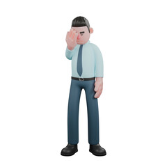 3D Fiscal Character. A male financial analyst is standing with his right hand holding his forehead while his left hand is on his waist. Male Financial Analyst Illustration