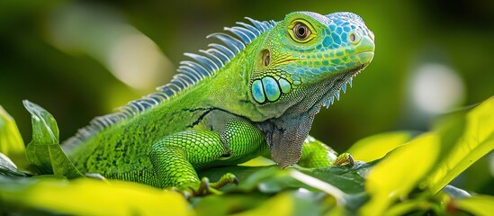 Close up of a green iguana with blue scales resting on vibrant green leaves.