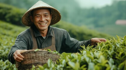 A smiling farmer picks tea leaves in a green field