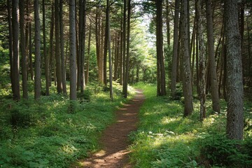 Obraz premium A Forest Path Winding Through Tall Trees