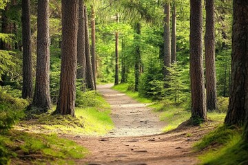 Obraz premium Path Through a Lush Green Forest with Tall Trees