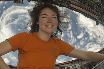 Astronaut Looking Out of Spacecraft Window at Earth