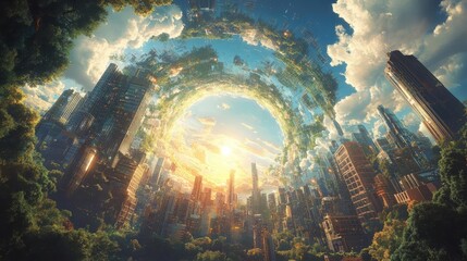 Low-angle view of vibrant utopian city, blending surrealism and futurism, art and nature in harmony, sunlight illuminating dreams