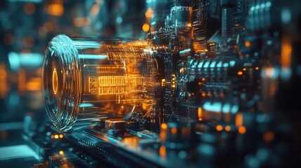 Macro shot of everyday objects enhanced with futuristic technology, high-angle perspective, blending simplicity and innovation