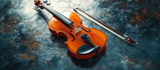 Fototapeta premium A classic wooden violin with a bow lies on a rustic surface.