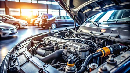 Close-up of car engine components and parts during maintenance at an auto service workshop