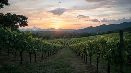 Obraz premium A beautiful sunset view at the vineyards in Wang Nam Khiao, with grapevines glowing in the evening light.