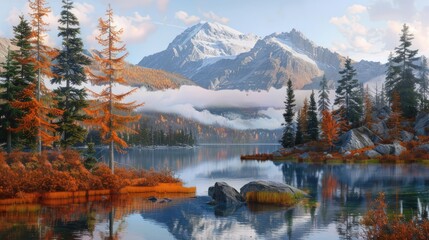 Obraz premium Majestic Mountain Lake with Autumnal Foliage