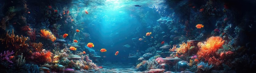 Fototapeta premium Rear view of an underwater kitchen, vibrant fish swimming among cooking utensils, luminous coral reef backdrop, enchanted ambiance