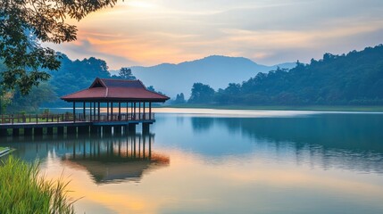 Fototapeta premium A beautiful view of Lam Takhong Reservoir during a tranquil evening.