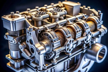 Obraz premium Closeup of Intricate 3D Printed Internal Combustion Engine Model Crafted with SLA Technology