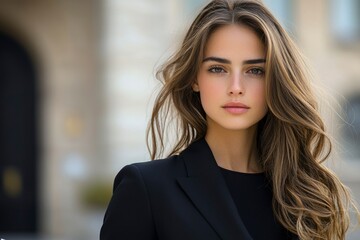 Naklejka premium Portrait of a Young Woman with Long Brown Hair