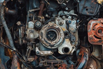 Close-up of a Rusted and Damaged Engine Block