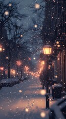 Snowy City Street at Night
