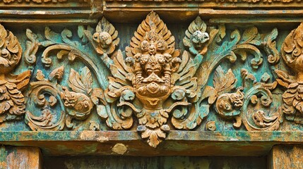 A close-up of the intricate details of the carvings at Wat Phra Chedi Sam Ong.