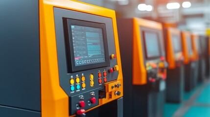 A close-up view of industrial control panels showcasing digital screens and colorful buttons, indicating advanced machinery in a modern manufacturing setting.