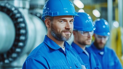 The image shows three workers in blue uniforms and helmets, focused in a factory or industrial setting, highlighting teamwork and safety in an industrial environment.