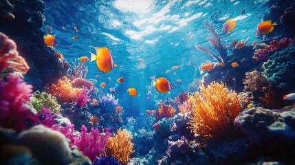 Fototapeta premium Tilted angle view of an underwater laboratory, merging with fantastical creatures and glowing corals, dreamlike atmosphere captivates