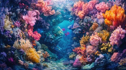 Fototapeta premium Underwater ballet, vibrant sea creatures dancing through colorful coral reefs, surreal dreamlike colors, tilted angle