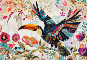 A vibrant, embroidered artwork showcasing a toucan in flight among colorful flowers and foliage.