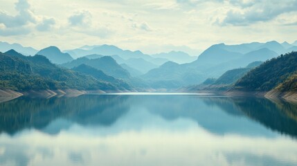 A scenic view of Lam Takhong Dam, with the reservoir reflecting the mountains.