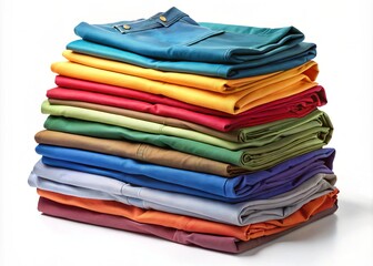 Colorful Stack of Various Pants and Trousers Displayed Neatly on a White Background for Fashion Use