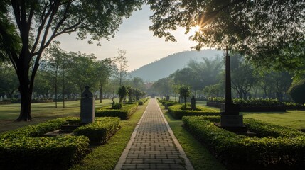 Fototapeta premium A serene moment at the Kanchanaburi War Cemetery, honoring those who lost their lives.