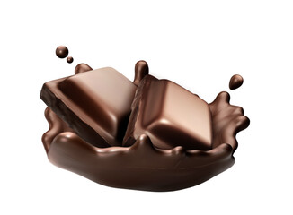 3d dark chocolate bar piece with splash swirl vector. Hot melt choco drink shake. Brown candy sauce or beverage stream and splatter graphic. Fluid ganache texture icon. Realistic creamy cacao design