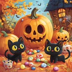 Charming Halloween Scene with Playful Jack o Lanterns and Adorable Black Cats Surrounded by Colorful Candy and Treats