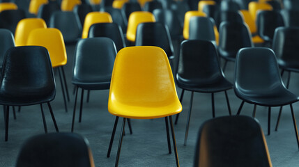 Fototapeta premium bright yellow chair stands out among a sea of gray chairs, symbolizing individuality, leadership, and innovation in business. Perfect for themes of uniqueness, creativity, and breaking norms