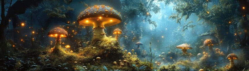 Obraz premium Worms-eye view of a whimsical forest kitchen, vibrant mushrooms simmering in fairy-tale pots, enchanting glow illuminating the scene