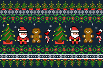 Christmas and New Year seamless pattern, fairytale pixel pattern in white and green with Nordic snowflakes for winter hats, ugly sweaters, wallpaper, paper, other design