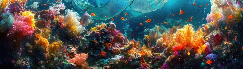 Worms-eye view of vibrant coral reefs, traditional fishing nets floating above, macro photography magic, colorful aquatic life dances around