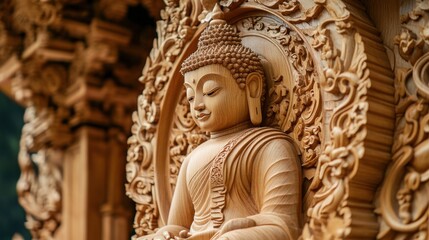 Fototapeta premium An intricate wood carving of the Buddha at Wat Luang Phor Toh, a spiritual landmark.