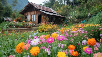 Colorful flowers in bloom at Wang Nam Khiao, known as the Switzerland of Isaan.