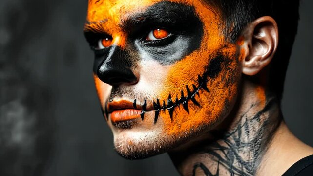A man with a spooky, orange and black Halloween makeup looks directly at the camera