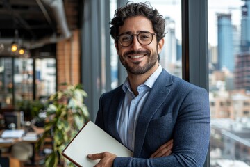 Fototapeta premium Smiling Businessman Holding a Notebook in a Modern Office Setting