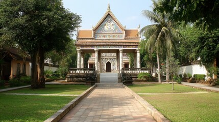 The beautifully maintained grounds of Wat Phayap, famous for its intricate mosaic interior.