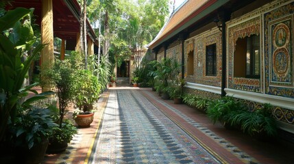 Obraz premium The beautifully maintained grounds of Wat Phayap, famous for its intricate mosaic interior.